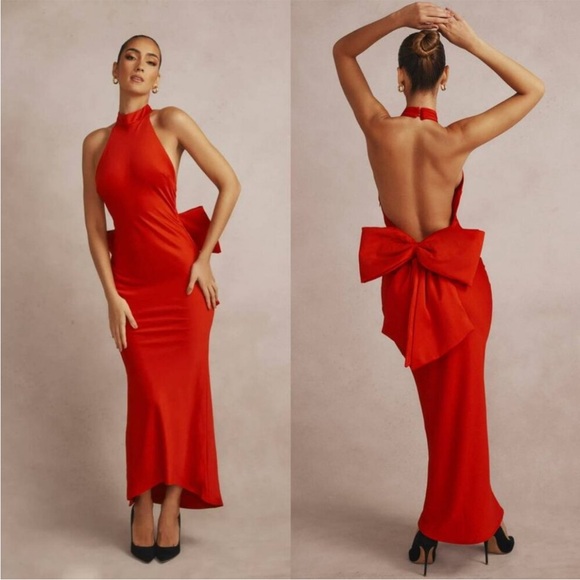 HOUSE OF CB NEW Ilaria Backless Bow Halter Dress in Red Size Small - Picture 5 of 12